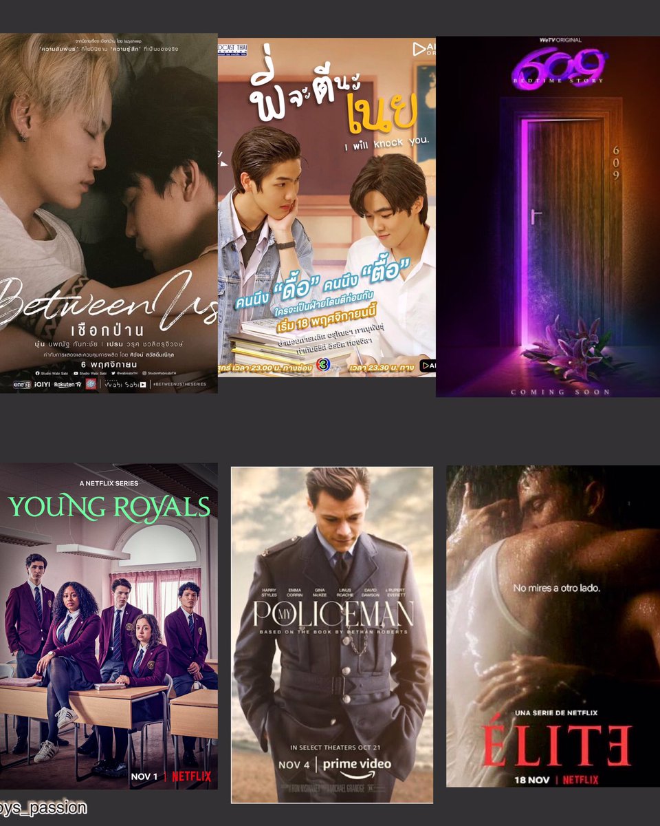 boys_passion's tweet photo. 🗓#NewBLSeries broadcast November
📍PART I📍
🇹🇭BL
06 #BetweenUs on IQIYI-Studio WabiSabi
18 #IWillknockYou on AISPLAY-3HD
26 #609BedTimeStory on WeTv
🌏BL
01 #YoungRoyalS2🇸🇪onNetflix
04 #MyPoliceman 🇺🇸Movie on Prime Vidéo
18 #EliteS6🇪🇸on Netflix
#BLNovember2022 #boys_passion https://t.co/qTSCm0lDw8
