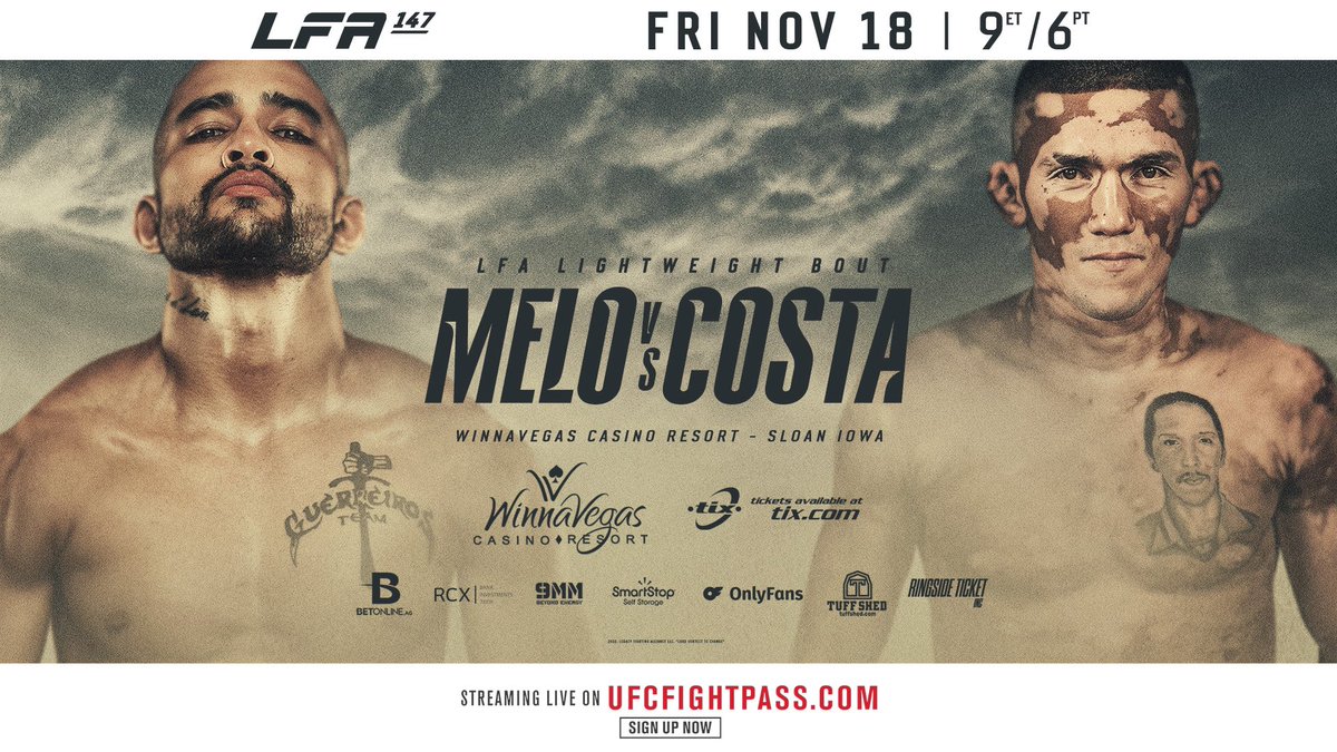 LFAfighting's tweet photo. LFA brings a Lightweight Showdown to the #HawkeyeState at #LFA147! 🚜

@JuniorMeeloBJJ 🇧🇷
vs.
@MelkCostaCauthy 🇧🇷

Friday, November 18
@WinnaVegasIA
#Sloan, #Iowa

ℹ️: https://t.co/vzTE0QqFqb

🎫: https://t.co/swhNk73mSA

#MMA
#LFANation
@UFCFightPass https://t.co/UUivnFzQbJ