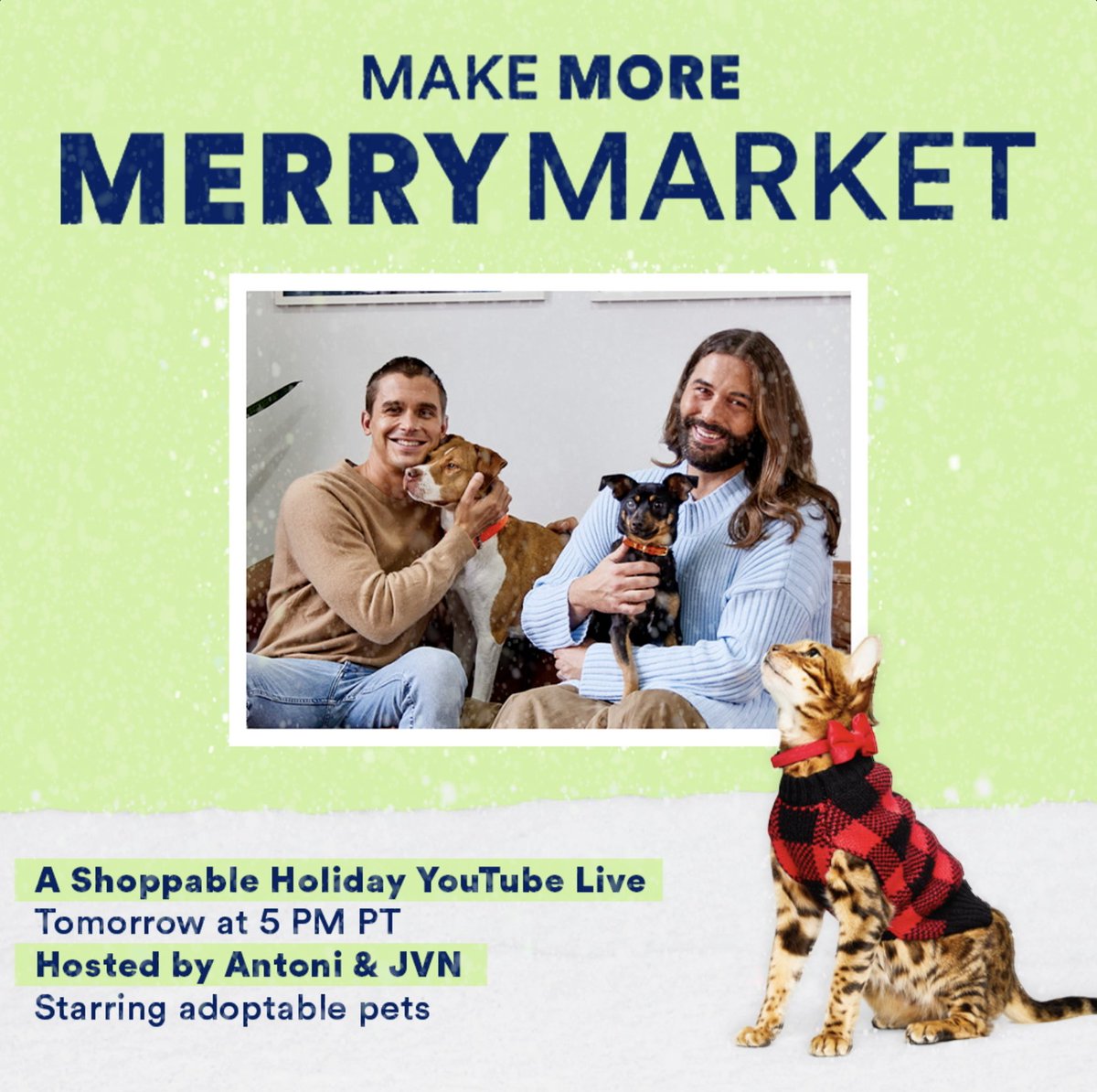 Tune in tomorrow for our event on YouTube Live! Join @antoni and @jvn tomorrow at 5 pm PT to shop all the best Petco products for turning the season into a happy, safe, and comfortable experience for your pet! Ring the bell to be notified: bit.ly/3We5PLI