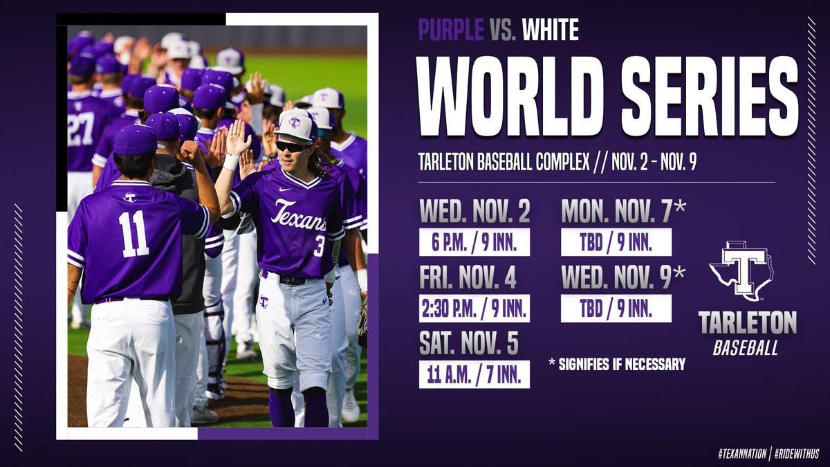 The Purple vs. White Fall World Series is here! We'll kick the best of 5 series off on Wednesday and rosters will be posted tomorrow! 
🟣⚪️

#RideWithUs | #TexanNation