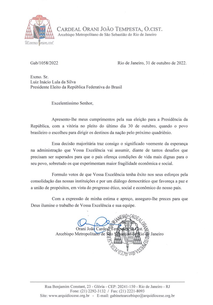 Mensagem do Arcebispo do Rio de Janeiro, o Cardeal Dom Orani João Tempesta, ao Presidente Eleito do Brasil, o Sr. Luíz Inácio Lula da Silva. 
#arqrio