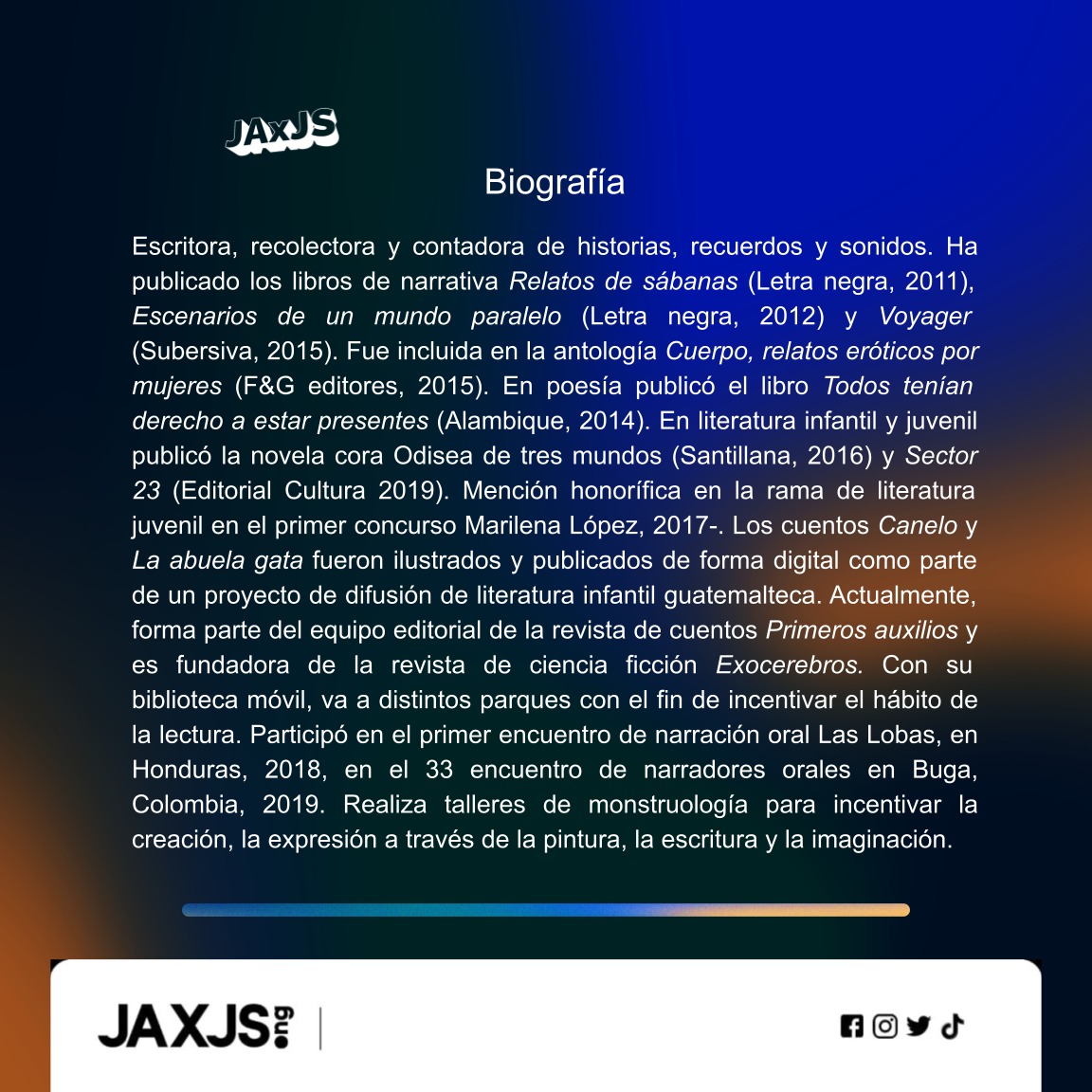 JAxJS_ong's tweet photo. Para este cierre de mes, nuestra columnista @hebe_gabriela nos comparte un poco sobre la artista y escritora @masticaydeglute
Te invitamos a leer un poco más de esta tejedora y tallerista de monstruología.
#jaxjs #jaxjscolumnas #jaxjsartistas #jaxjsarte https://t.co/2uT2Bpy2Dr