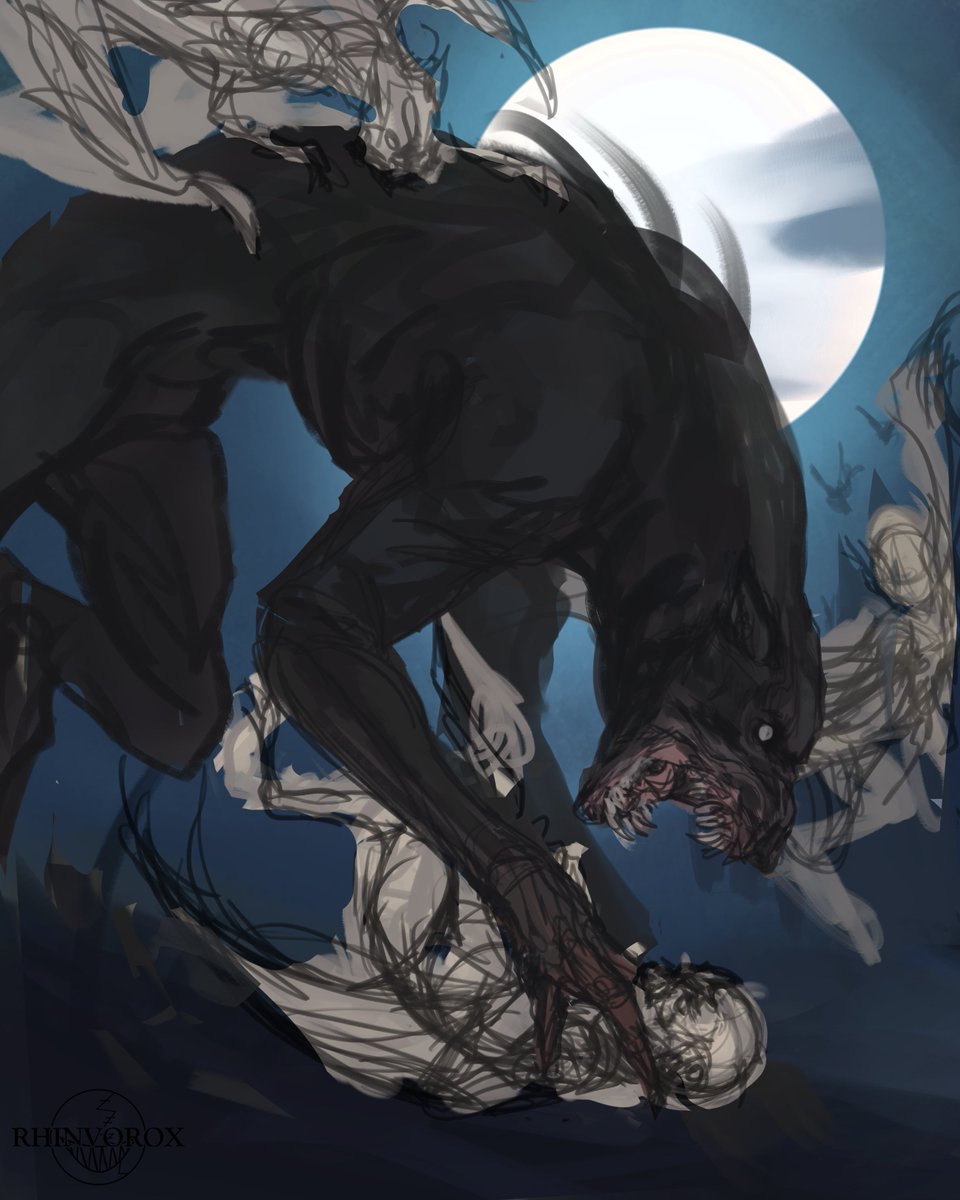 rhinvorox's tweet photo. Prompt: Vampires + Werewolves, Tusks, Slash 
Here are 3 of the prompts that I didn’t have time to go back to. They are very incomplete but I still wanted to show them off anyway. I’m still planning on completing the prompt for haunting and then this challenge is done for me. https://t.co/mNdvf7mFuy