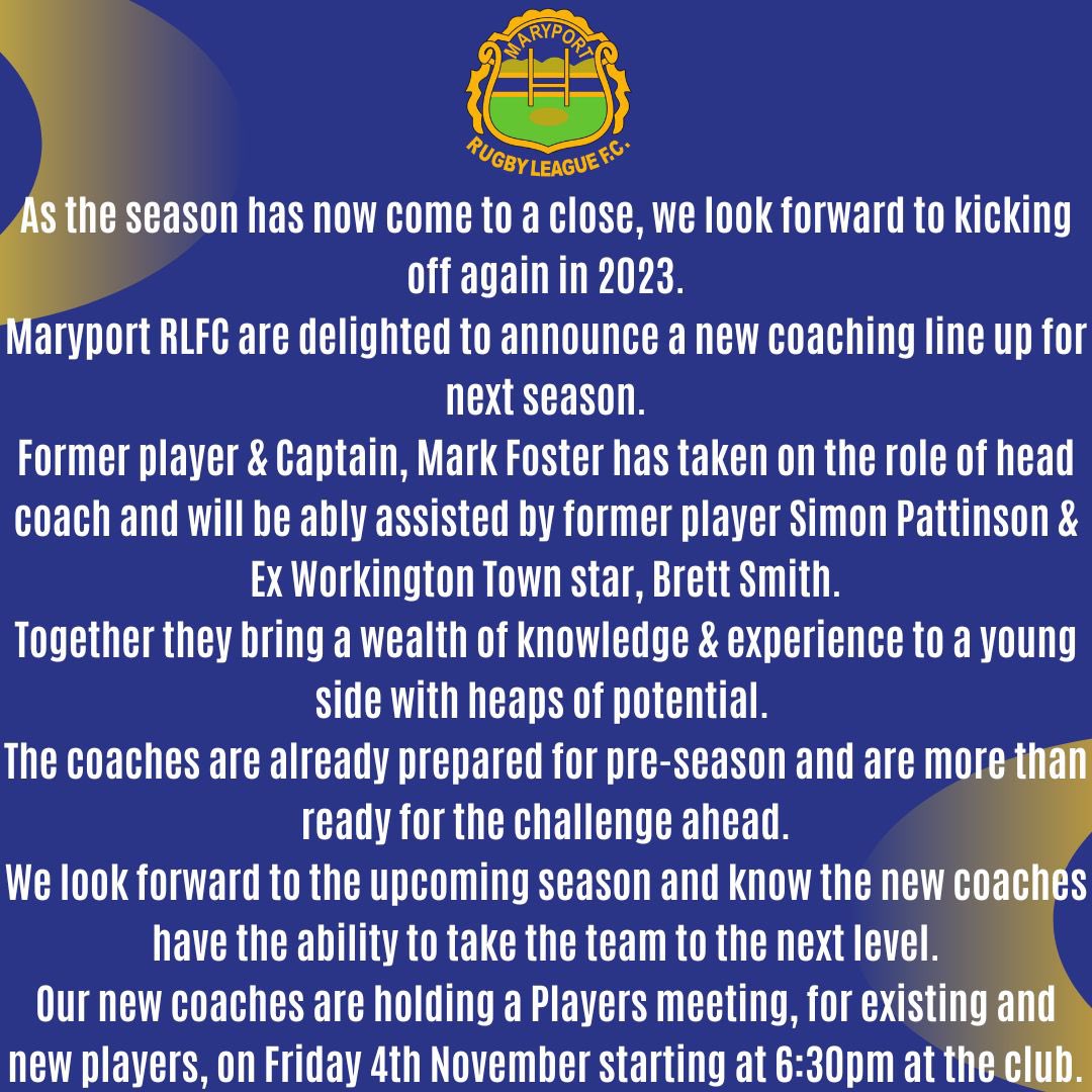 MaryportARLFC's tweet photo. Exiting announcement for next season!!!!!!!
#uptheport #futuresbright #barrelsback @thecumbriaguide @Rhino_RL @PScully13 https://t.co/A49N29RZ28
