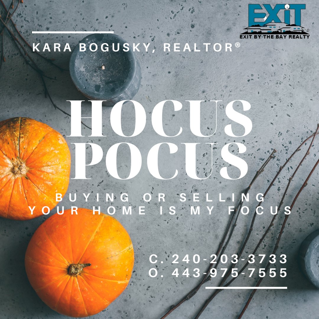 Happy Halloween! 🎃 

Kara Bogusky
REALTOR/Salesperson
240-203-3733 (cell)
443-975-7555 (office)
kara@lovemymdhomes.com
LoveMyMDHomes.com 
EXIT By the Bay Realty
222 Merrimac Ct PO Box 875
Prince Frederick, MD 20678