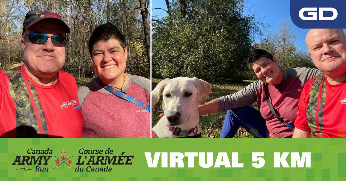 GDMS_C's tweet photo. The @CanadaArmyRun is #NoOrdinaryRace—especially for our colleague Kevin, who recently completed his virtual 5KM alongside his wife, and four-legged friend Sully. Way to go, #TeamGD! #GDMSCsupports #TeamVirtual https://t.co/8kEGRo5D92