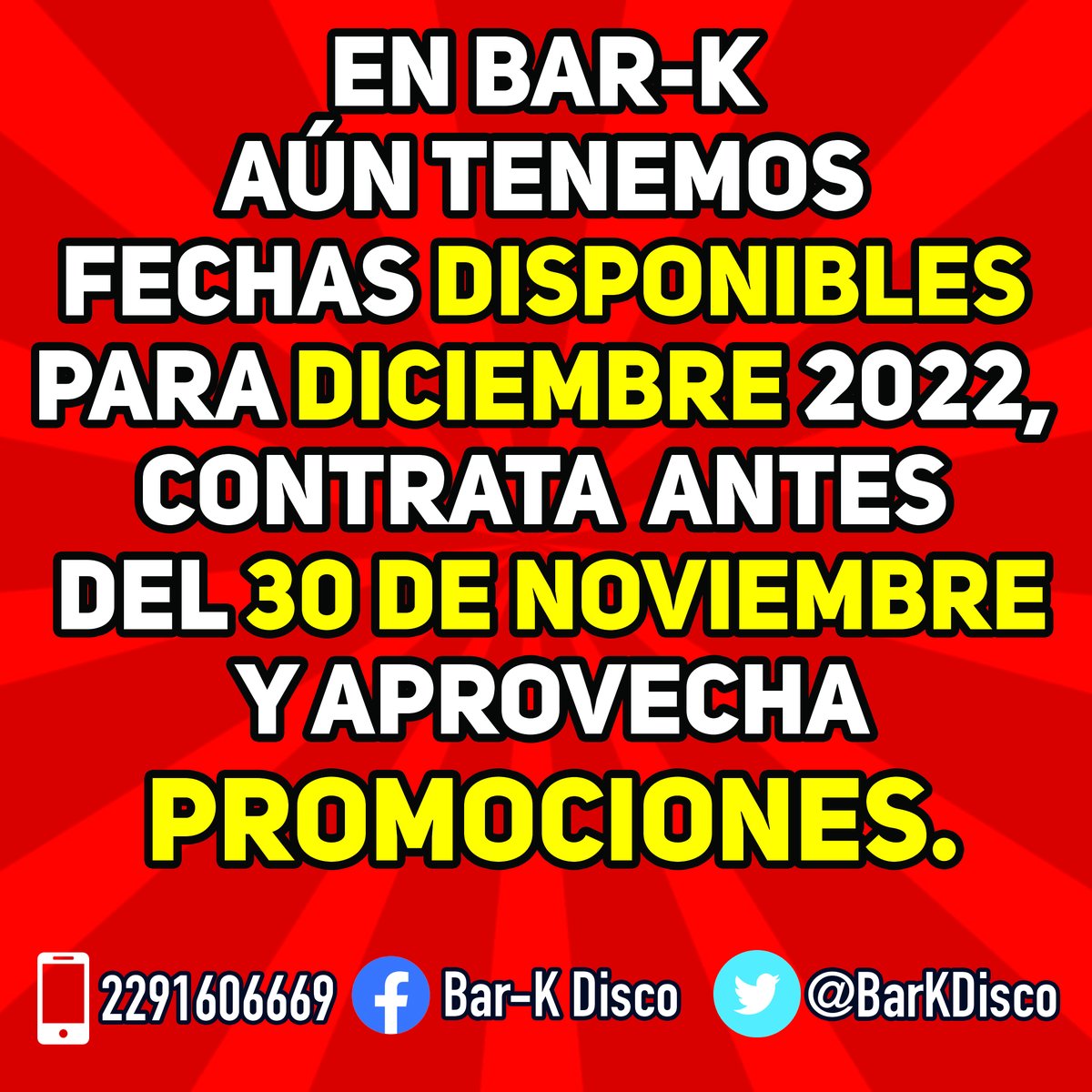 BarKDisco's tweet photo. ¿Quieres celebrar la fiesta de tus sueños? Esto te puede interesar. TENEMOS PROMOCIONES Y FECHAS DISPONIBLES PARA DICIEMBRE. Tel. 2291606669 https://t.co/QbNrm1g6kH