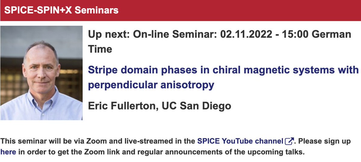 SPICE_Mainz's tweet image. Talk on Wed. at 15:00, November 2nd, by Eric Fullerton at the @SPICE_Mainz - @spin_plus_x seminars - Stripe domain phases in chiral magnetic systems with perpendicular anisotropy - spice.uni-mainz.de/2022/09/10/on-… by Zoom-Webinar or live on #SPICEYouTube