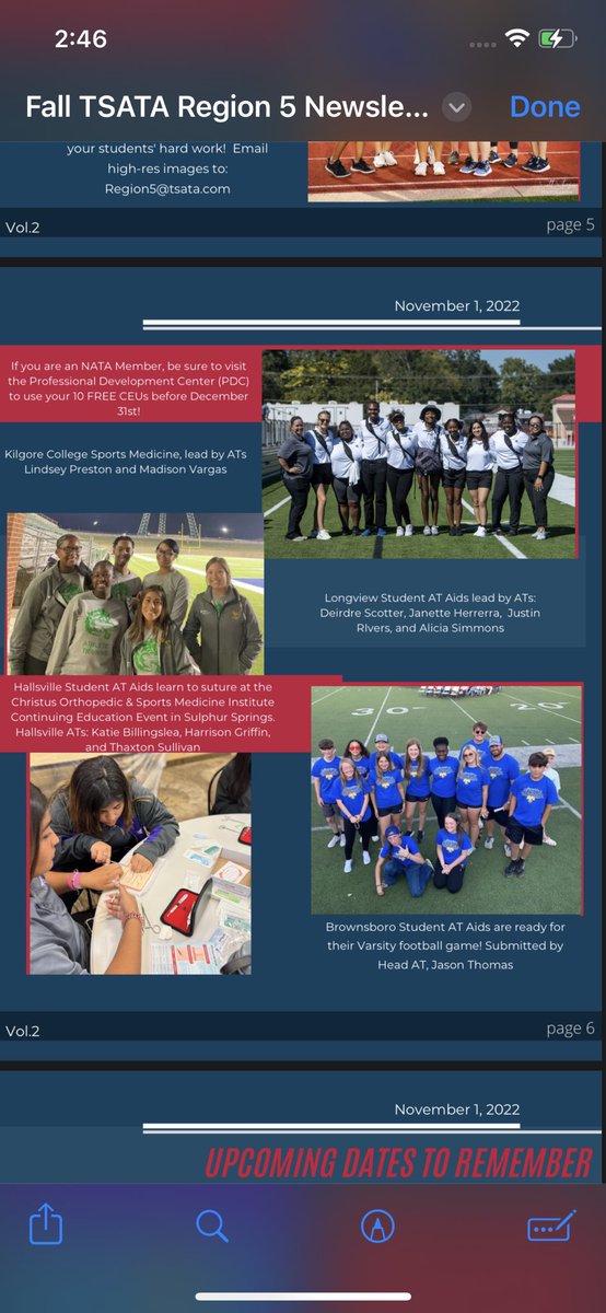Check it out! Brownsboro athletic trainers made it in the TSATA (Texas State Athletic Trainers Association) fall newsletter 🗞️ 🐻 🔵🟡