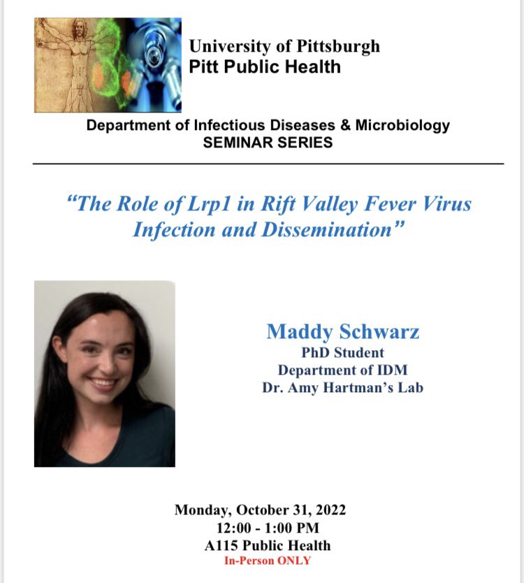Maddy Schwarz, PhD (@maddyschwarz1) on Twitter photo Thank you to everyone who came to my <a href="/IDM_PittPubHlth/">Infectious Diseases and Microbiology</a> seminar on the role of Lrp1 in Rift Valley fever virus tropism and dissemination! 🦠🎃
This summarized the final chapter of my thesis work in <a href="/RogueRifter/">Amy Hartman 👩🔬🏊🏻</a>’s lab at <a href="/PittCVR/">Center for Vaccine Research</a>. Thank you to everyone who came to my <a href="/IDM_PittPubHlth/">Infectious Diseases and Microbiology</a> seminar on the role of Lrp1 in Rift Valley fever virus tropism and dissemination! 🦠🎃
This summarized the final chapter of my thesis work in <a href="/RogueRifter/">Amy Hartman 👩🔬🏊🏻</a>’s lab at <a href="/PittCVR/">Center for Vaccine Research</a>.