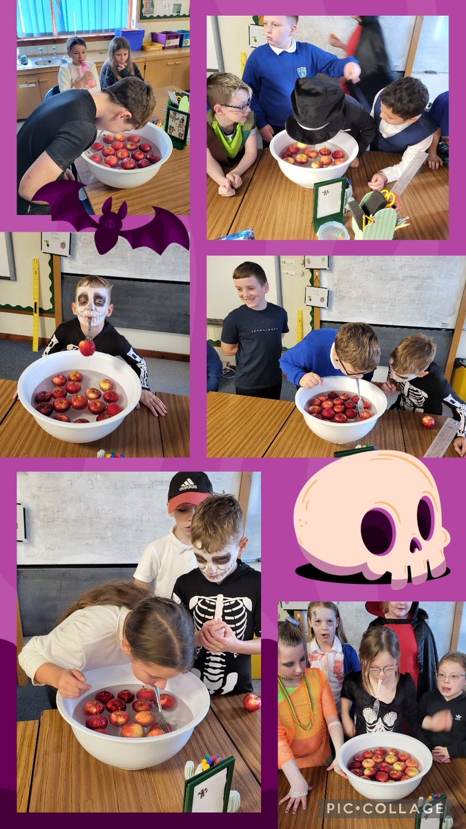 MsDWrightTeach's tweet photo. What an exciting day in P6! Both P6 classes looked at Samhain and the origins of Halloween in literacy then took part in some halloween activities like #DookingForApples #LooRollMummy challenge and #DanglingDonuts. We had great fun! ๐ @MrsPatonVPS https://t.co/q6Uf9gZbXg