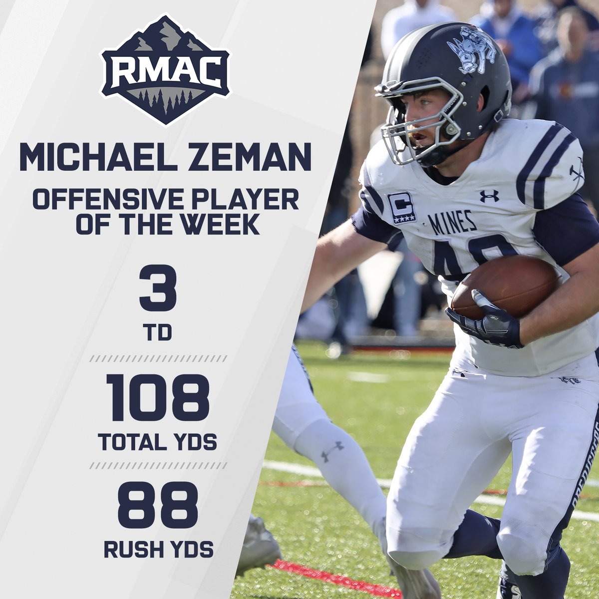 Three TDs, including two in the fourth quarter of a comeback win? We'd say that qualifies @michael_zeman15 as this week's best in the RMAC! #HelluvaEngineer⚒️