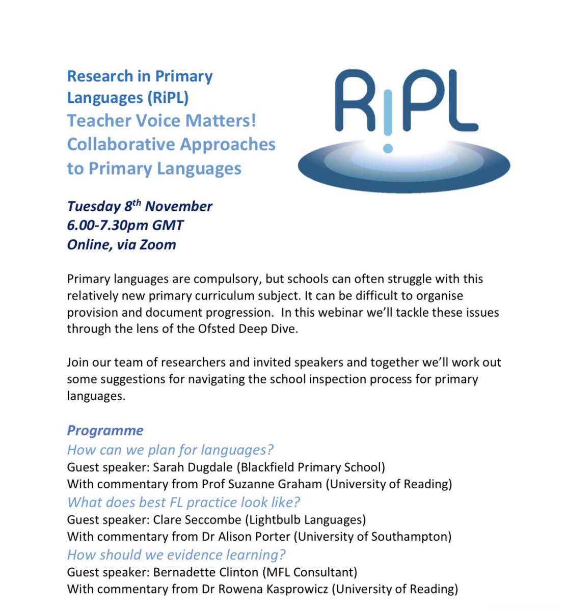 📣 TEACHER VOICE MATTERS 📣
We are back! 💧✨
Very excited to announce our latest free webinar taking place NEXT WEEK on Tuesday 8th November - details below. Make sure you grab your free ticket via the link in the next tweet! 
#primarylanguages #mfltwitterati