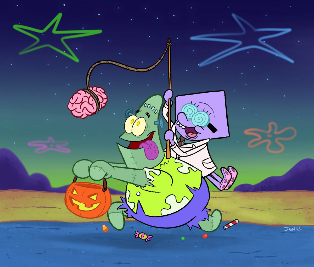 jengleeart's tweet photo. Dr. FrankenSquid has an ingenious plan for her new creation, she can trick or treat the whole neighbourhood in record time! Happy Halloween! 🎃 #SpongeBob #thepatrickstarshow https://t.co/INC1isL2k8