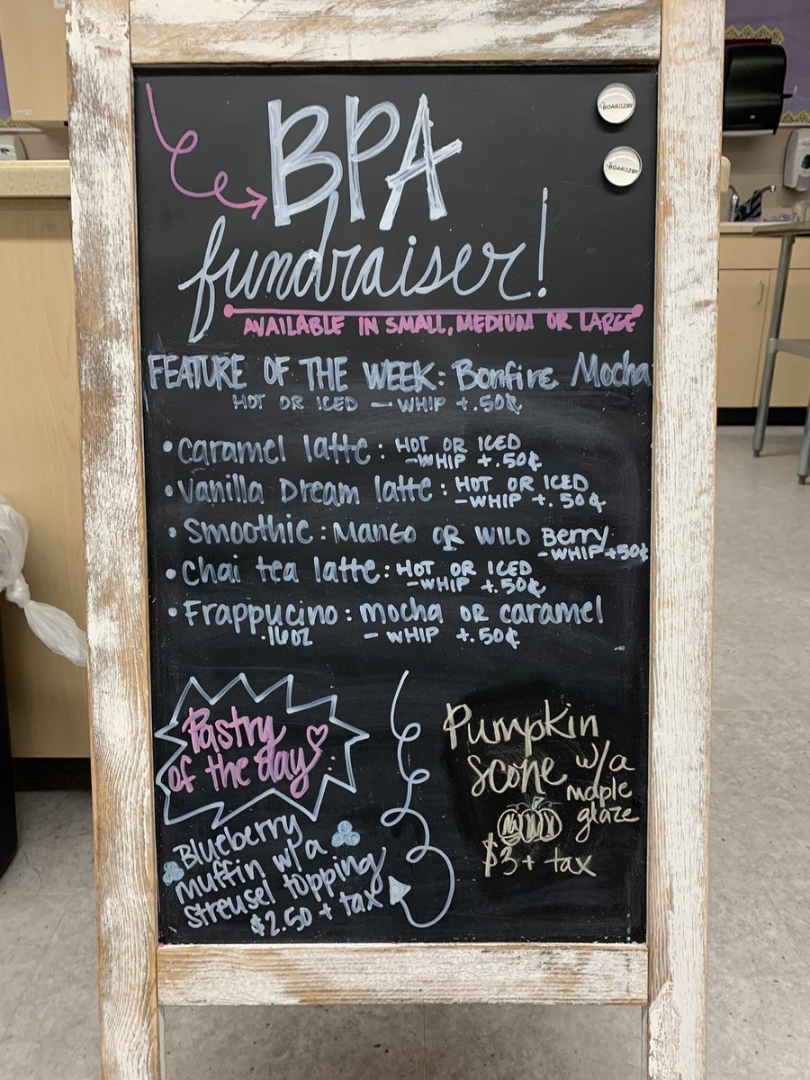 This week’s featured food &amp; beverages ☕️ <a href="/BPAconnect/">Business Professionals of America</a> #FCS #CTE #collab #fundraiser #CaffeineAndChaos #coffee #espresso #bonfire #mocha #scones #pumpkin #fall #yum <a href="/KDaneFACS/">Krysten Dane</a>