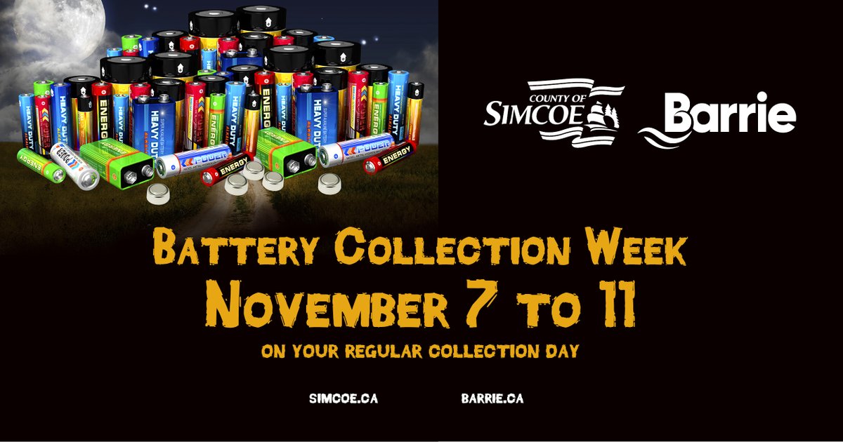 simcoecounty's tweet photo. Don't throw away your dead #batteries! Save them for our fall curbside #batterycollection #November 7-11. Place your sealed battery bag on top of your cart on your regular collection day. For more info, visit https://t.co/22HtqqoJE3 *Doesn't apply to residents of Orillia. https://t.co/30LDGDuwqi