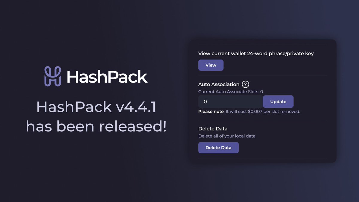 hashpack's tweet image. HashPack v4.4.1 - Auto-Associate Manage - has been released! 🎉

You can now update your account auto-associate settings from the settings page. To avoid unwanted airdrops, we recommend keeping this as low as possible, preferably at 0.

(1/3)
