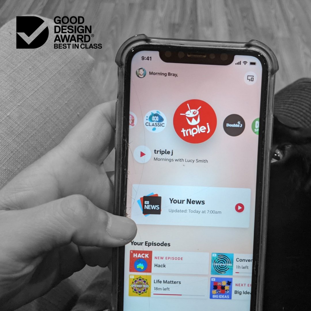 ABC Listen App 2022 Good Design Award Best in Class: Digital Design - Apps and Software The ABC Listen App provides an experience that only shows what's needed, when it's needed. With the vibrant look and feel of the ABC’s brand & artwork, sprinkling magic into each interaction.