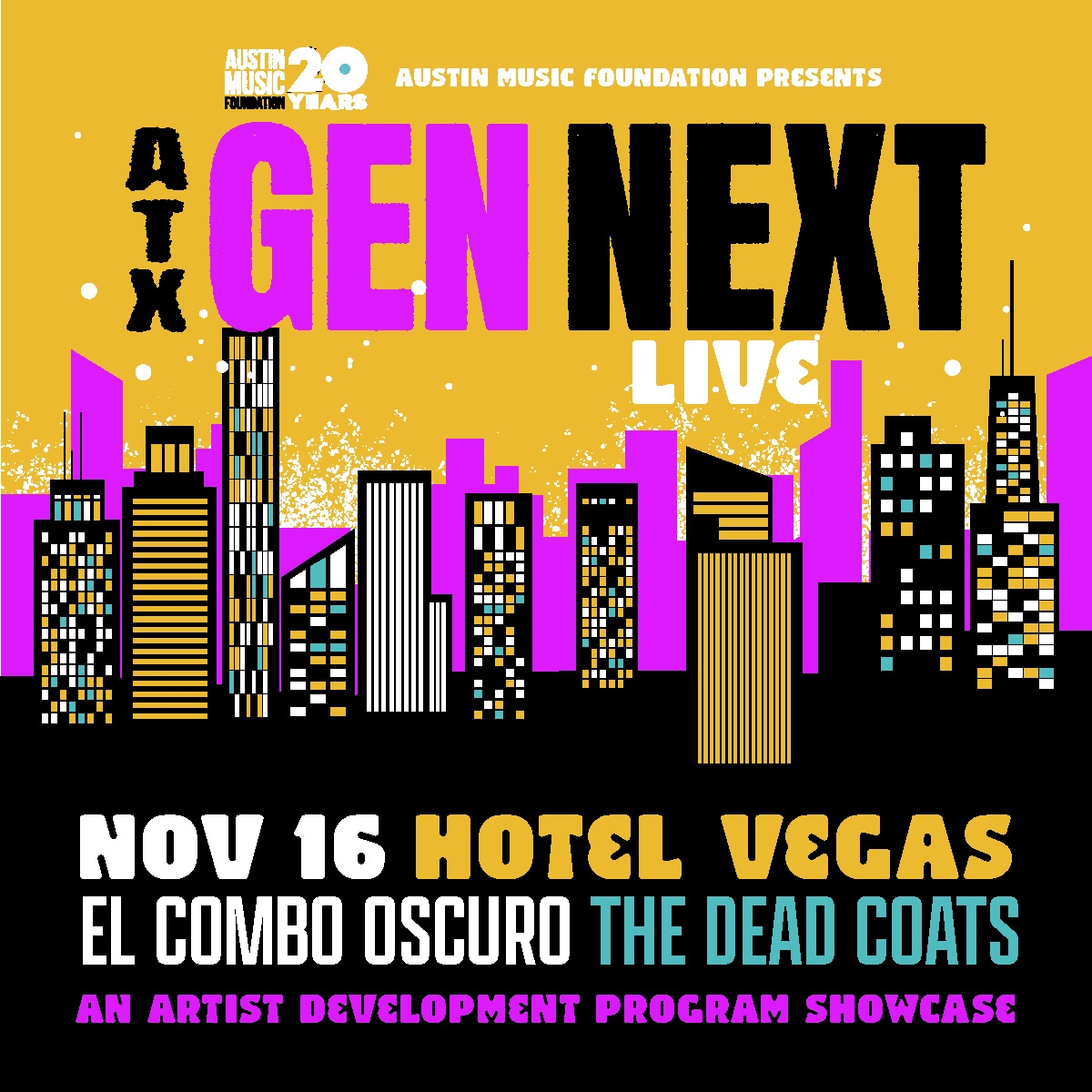 11.16 we're kicking off our 2nd ADP6 showcase of the year! ATX GenNext - LIVE will feature performances from @elcombooscuro and <a href="/thedeadcoats/">The Dead Coats</a> at <a href="/HotelVegasATX/">HOTEL VEGAS</a>. 18+ &amp; $10 entry at the door. Come out and show your support! 🤘 

Art by @bradbonddesign 🎨 RSVP link in bio