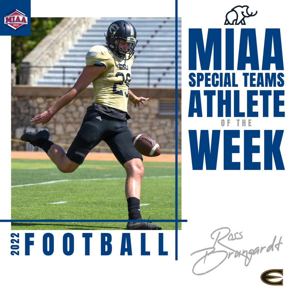 🆕 MIAA Football Athletes of the Week, presented by @MammothBuilt🏈⬇️

<a href="/esuhornetsfb/">ESU Hornet Football</a>'s punter Ross Brungardt was selected as week nine's MIAA Special Teams Athlete of the Week👏

🔗| bit.ly/3FCuXG9
#BringYourAGame