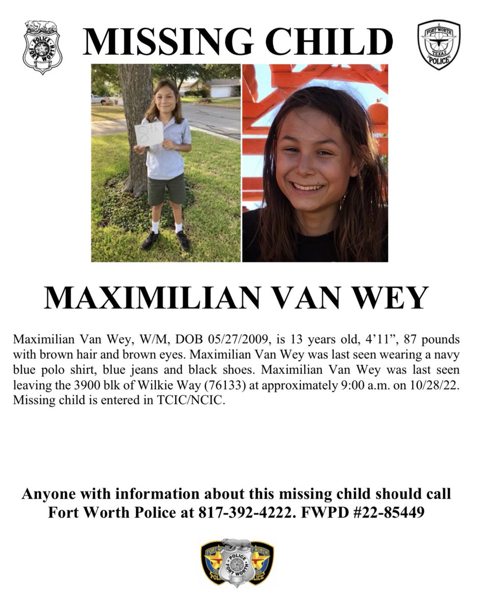 fortworthpd's tweet photo. #MissingChild - 13 year-old Maximilian Van Wey. https://t.co/nehm56gkGF