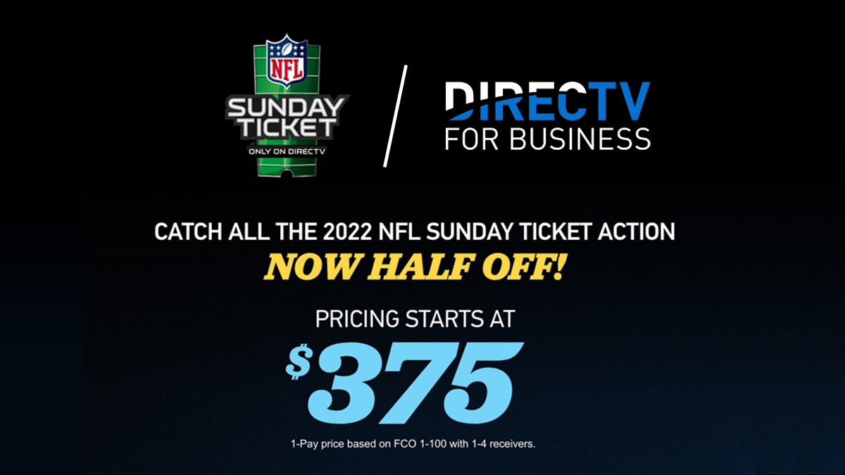 directvbusiness's tweet photo. Catch all the 2022 NFL SUNDAY TICKET action, now at HALF OFF! Call 888.490.1769 or visit https://t.co/dsUON4W9Oq order for your business today! #DIRECTVFORBUSINESS #NFLST https://t.co/odg2WrZlHp