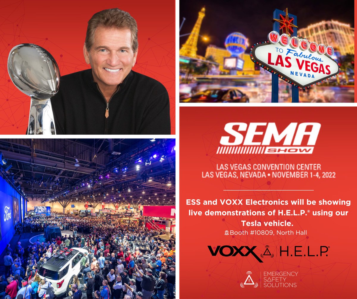 ESS_Help's tweet image. Come see us at VOXX booth #10809 located in the North Hall to see H.E.L.P.® in action. Stop by between 10AM-noon to meet NFL MVP Joe Theismann and enter to win an autographed football. 

See you there!

#ESSHELP #ConnectedVehicles #VOXX #SEMAshow2022