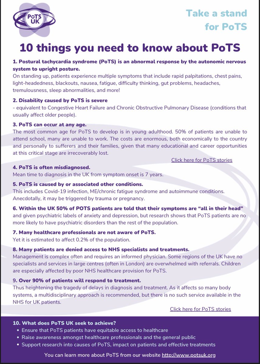 To mark the end of #DysautonomiaAwarenessMonth & #PoTSAwarenessDay please continue to share our ‘10 facts about #PoTS’ 🌟Thank you again to everyone who joined us this month to raise awareness🌟 #MedTwitter #TeamGP #MedEd #MECFS #LongCovid @MaraWilson @DrNighatArif @DrNeenaJha