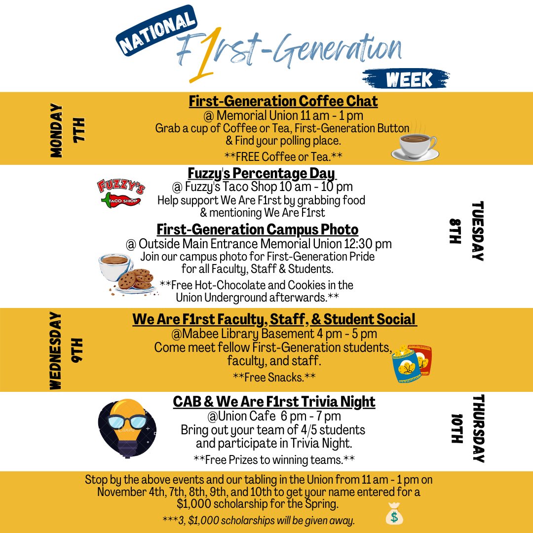 Mark your calendars for next week's National F1st-Generation Week events. Come stop by each event to swipe your ID for you to have a chance to win 1 of 3, $1,000 scholarships for the Spring. 💲💵💲