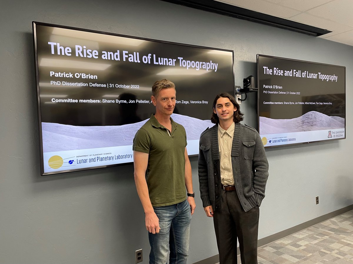 UArizonaLPL's tweet photo. Please join us in congratulating Patrick O’Brien, who today successfully defended his Ph.D. dissertation, The Rise and Fall of Lunar Topography. Patrick is pictured with his advisor, Professor Shane Byrne. https://t.co/jQmSRi6dPS