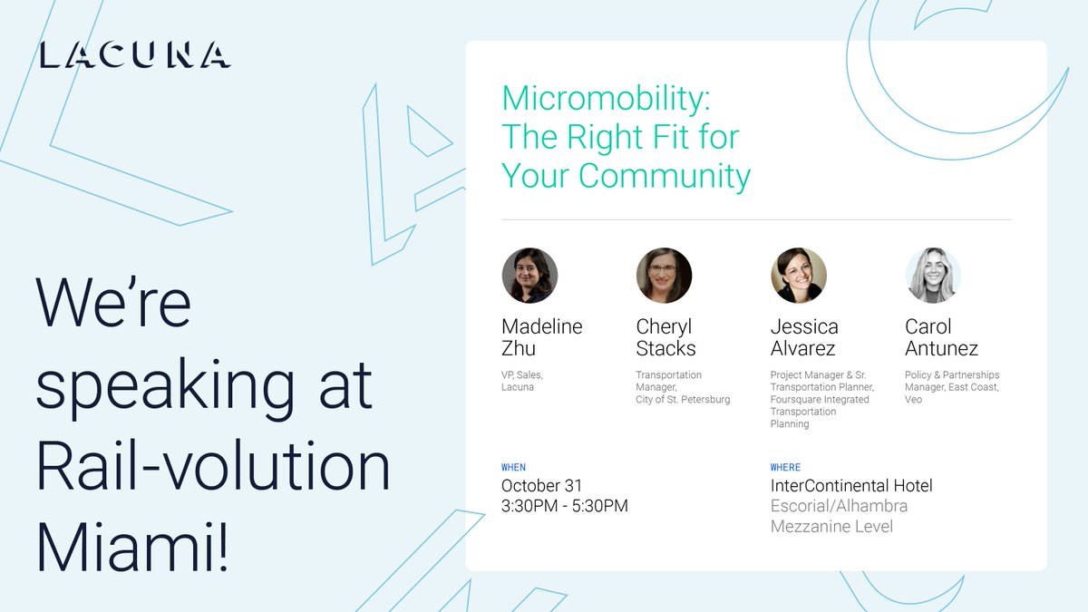 TechLacuna's tweet image. We&apos;re excited to be in Miami today at #railvolution contributing to a conversation among peers related to the #micromobility landscape and how it can drive environmental, equitable, and economic #transportationpolicy outcomes for cities.