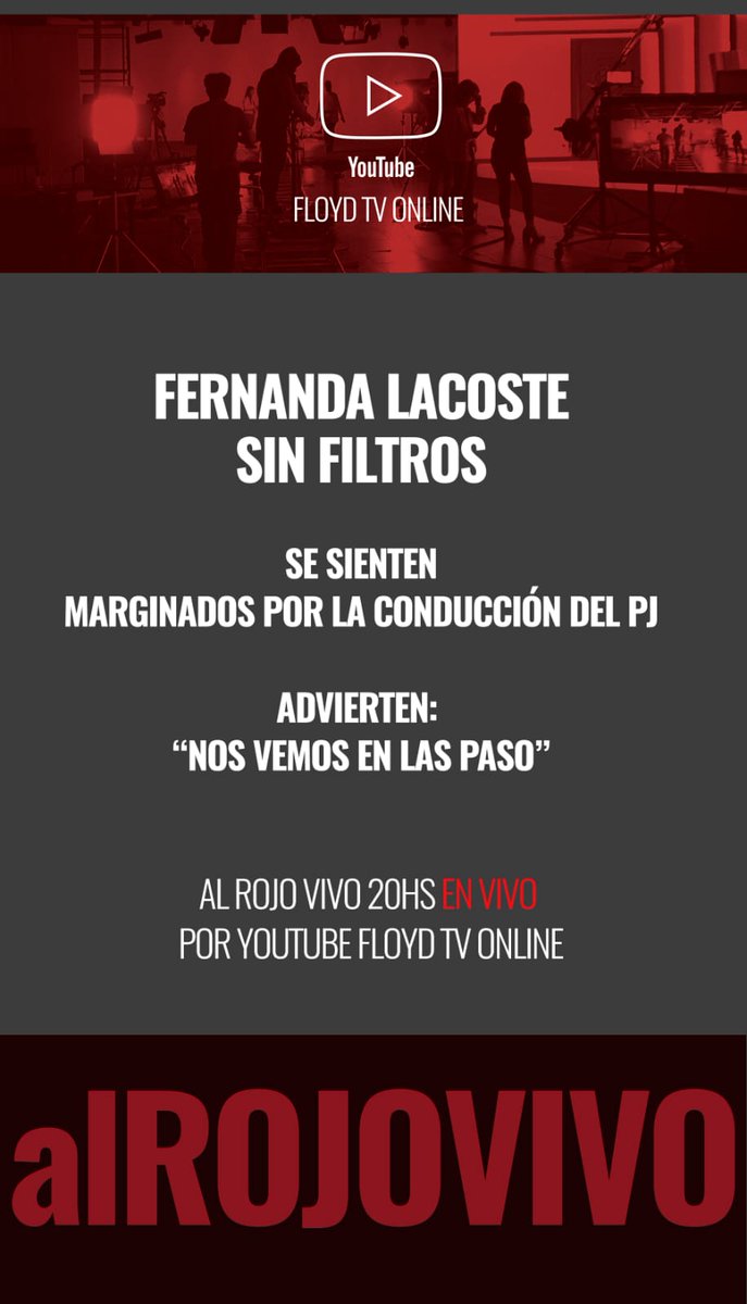 Esta noche  a partir de las 20  Al Rojo Vivo recibe a Fernanda Lacoste de Peronismo  Alternativo. Se sienten marginados por la conducción del PJ y advierten: "Nos vemos en las PASO"
Al Rojo Vivo por Floyd TV Online