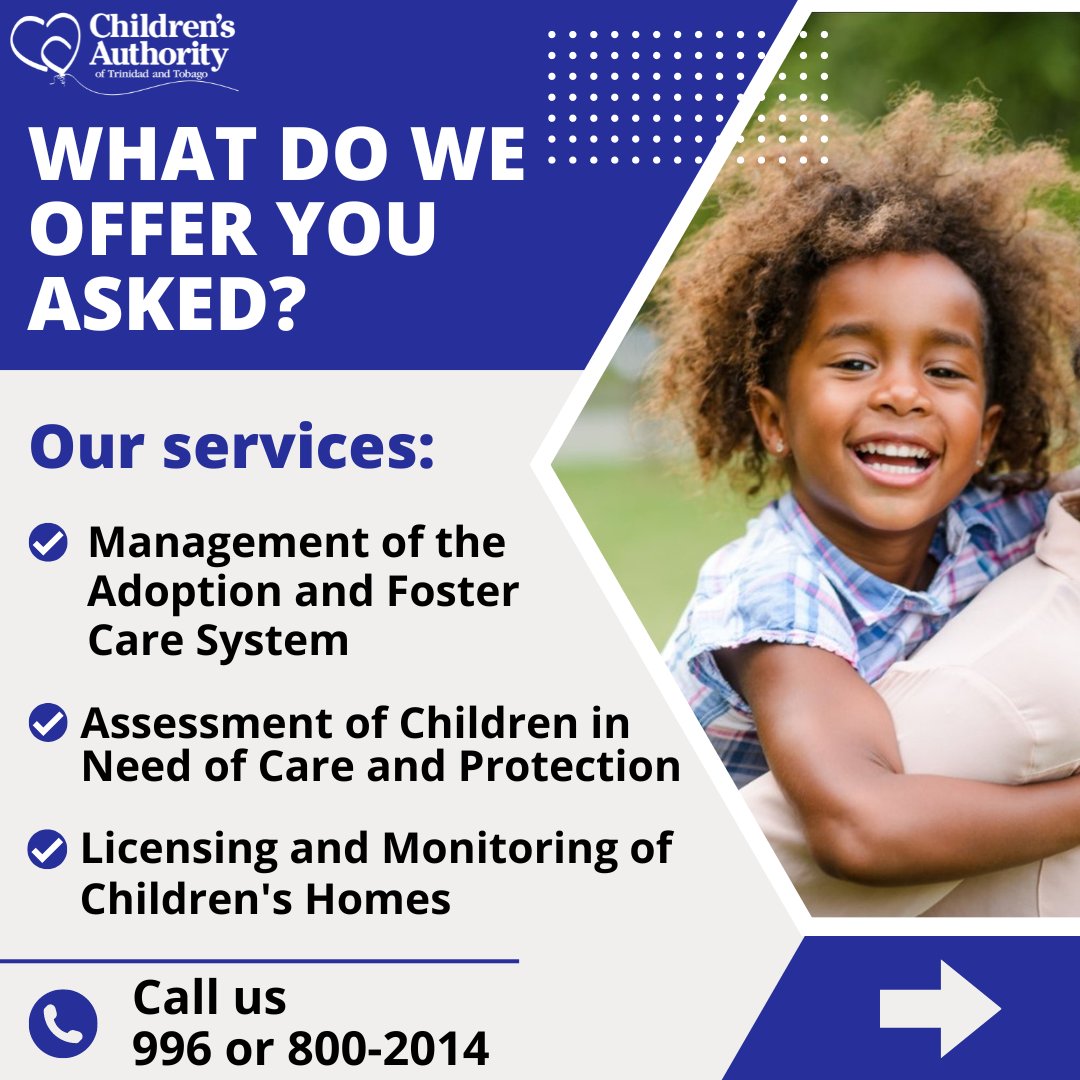 ttchildren_org's tweet photo. Apart from providing care and protection to children who may be victims of abuse or maltreatment, here are some other services which are available at the Authority.
#ChildProtection
#ChildAbusePrevention
#TTChildren
#ChildrensAuthorityTT https://t.co/OzzhREvVfp