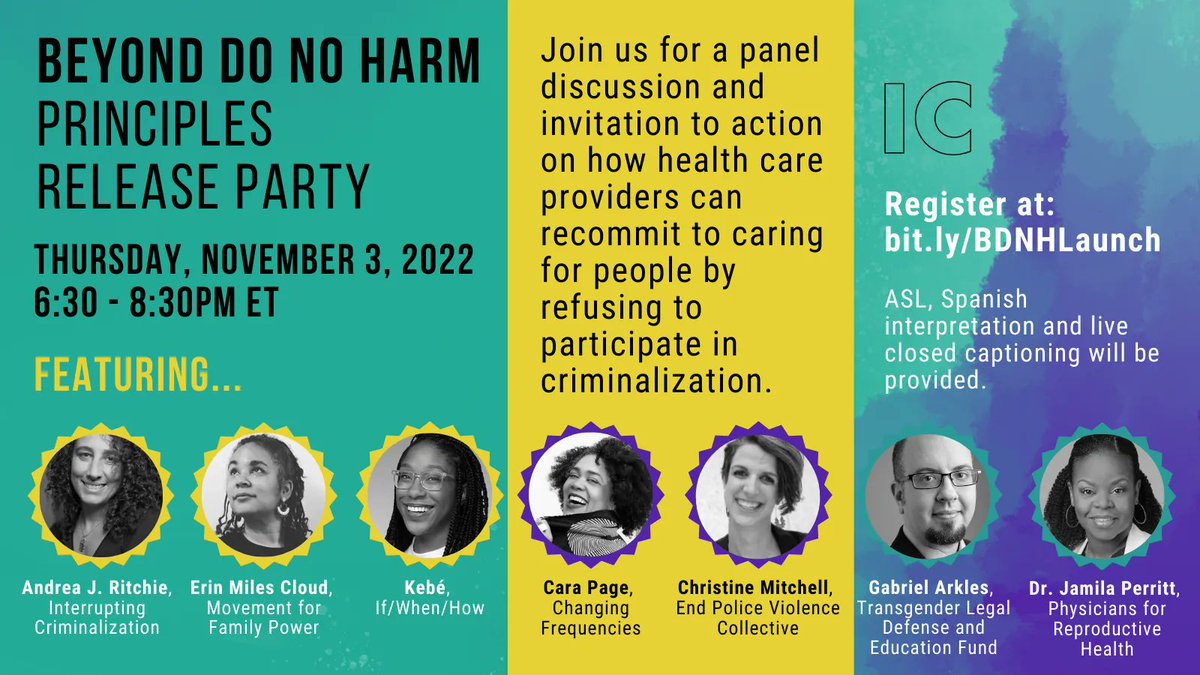 Join us and members of our Beyond Do No Harm network this Thursday, Nov. 3 at 6:30 PM ET for the official launch of our 13 principles for health care providers to interrupt criminalization! bit.ly/BDNHLaunch