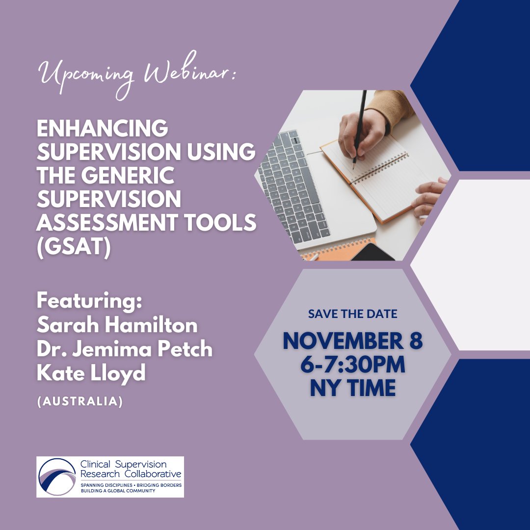Reminder! Our next webinar will explore the implementation, findings, benefits, and challenges of embedding supervisor competency assessments in everyday practice. Join us on November 8 from 6-7:30PM EST/NY time to learn more (1/2)