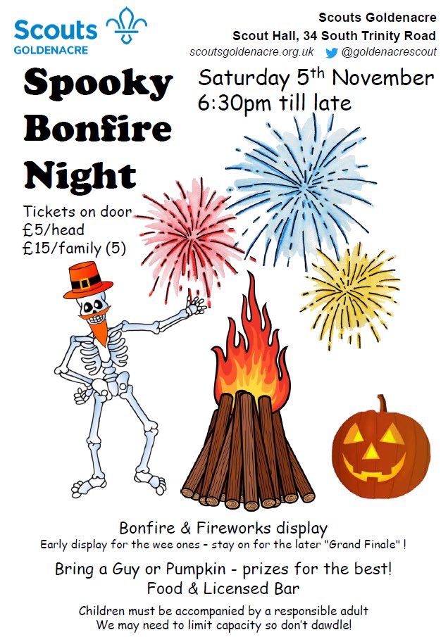 Gunpowder, treason and plot! This Saturday is our annual Bonfire and fireworks fundraiser and we can’t wait to see you all there! We could use a few extra helpers so if you can spare a half hour on the night please email scouts@104thedinburghne.co.uk <a href="/sesscouts/">South East Scotland Scouts</a> <a href="/enescouts/">Edinburgh NE Scouts</a>