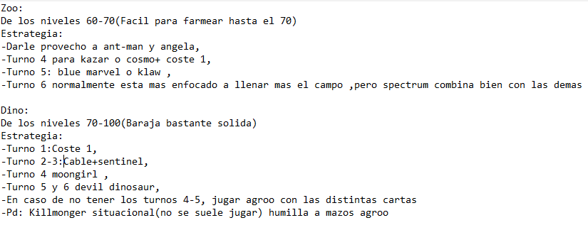 Ya estoy en el nivel infinito!!! <a href="/MarvelSnapNews/">Marvel Snap News</a>, 

Adjunto las barajas:

Zoo:
marvelsnapzone.com/decks/zoohshaw…
De los niveles 60-70(Fácil para farmear hasta el 70)

Dino:
marvelsnapzone.com/decks/dinohsha…
De los niveles 70-100(Baraja solida)

Estrategia(Foto):