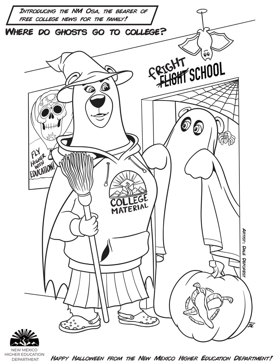 Looking for something for the kids to do this #Halloween? Check out our downloadable coloring page below featuring NM OSA! Thank you to NM artist, illustrator and <a href="/IAIASantaFe/">IAIA</a> alum Dale Deforest for creating the artwork. Download and print here! ⬇️ hed.nm.gov/uploads/docume…