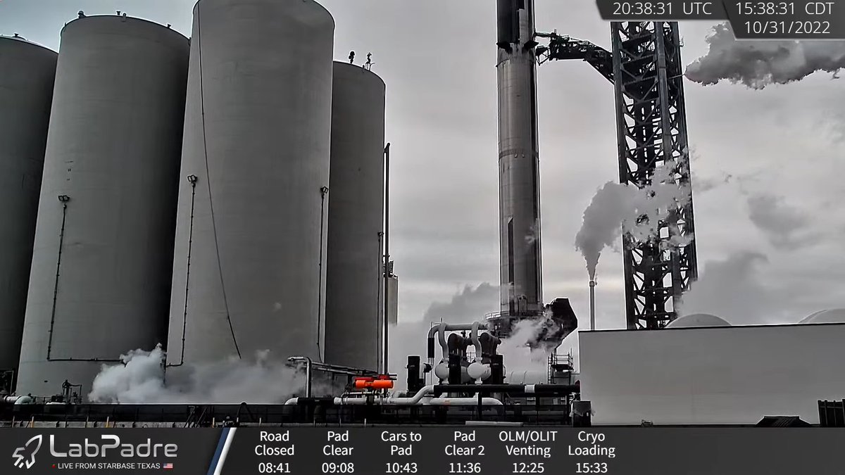 VickiCocks15's tweet photo. #B7's LOX tank is being filled...or at least part filled right now at #Starbase. Venting from the upper area of the #OLIT suggests #S24 loading could also begin at any moment. Hoping for LOX and CH4 tank filling by #SpaceX, but we'll see... @LabPadre #Rover2Cam https://t.co/Ltl8GWQKHE