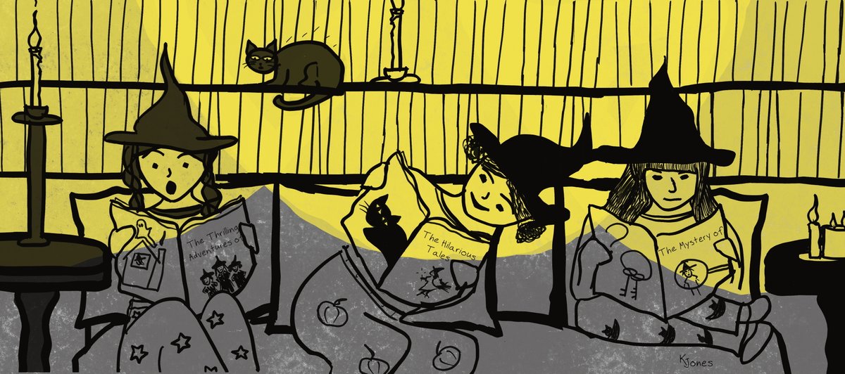 Here's my last art piece for #Drawtober2022: putting my three young witches together for their midnight comic reading sleepover! You can see all the art I did for this at curiosityjones.net/art-by-kelly-j… Happy Halloween, and thanks for following my art adventure! #DrawtoberCandlelitCoven