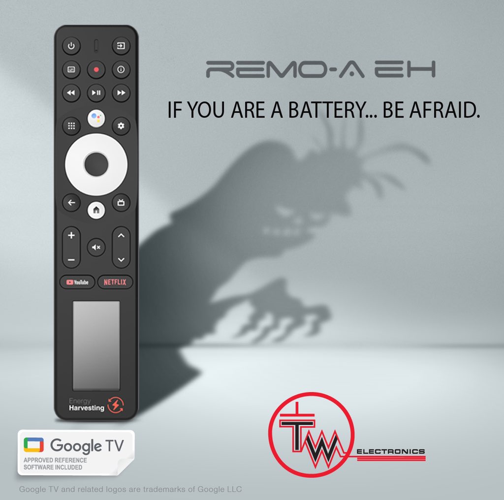 Our Remo A EH for #AndroidTV &amp; #GoogleTV marks the end of the line for single use batteries with its innovative battery-less design, hybrid super capacitor &amp; PV charging. Over 5 years, just 100,000 devices will remove over 1 million batteries!