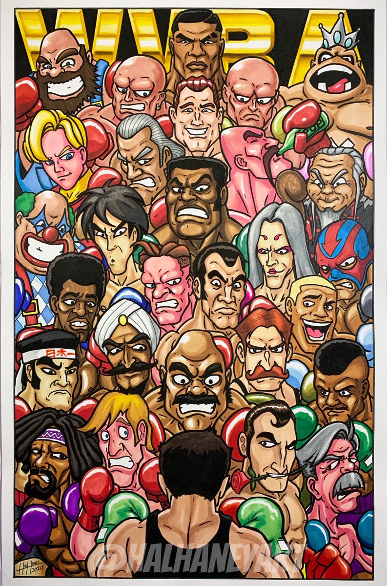 HalHaneyArt's tweet image. A thread 🧵 of my “rogues gallery” style art, starting with the first 1 vs everybody idea I had, Punch-Out!! This is kind of how you saw the fights as Little Mac anyway.