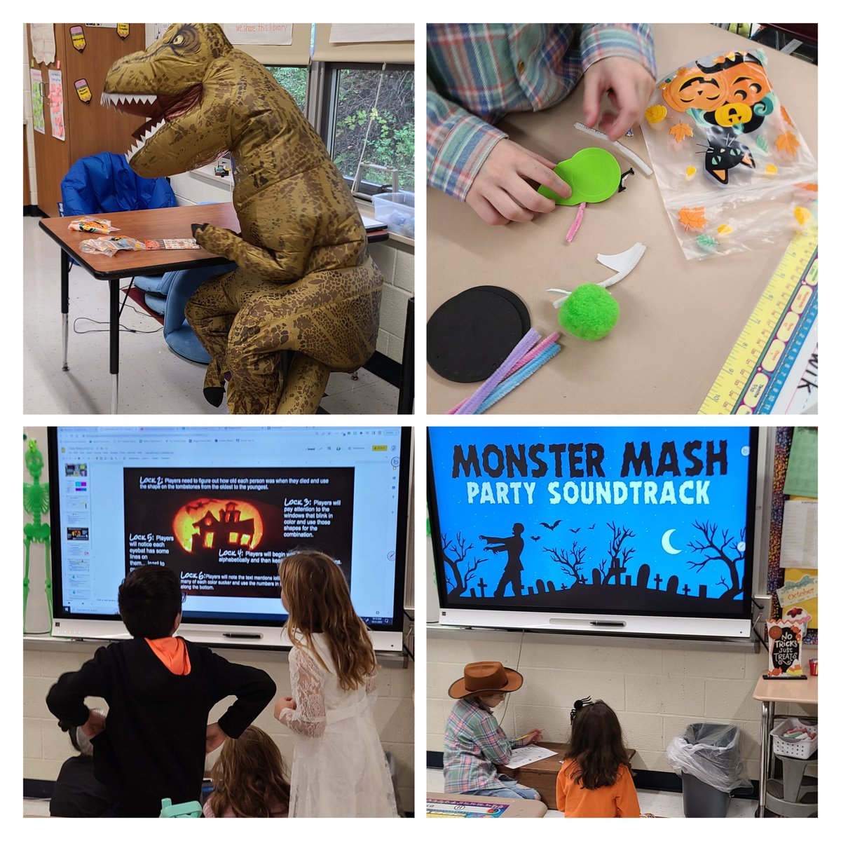 ls_teacher's tweet photo. What has crafts, breakout rooms, partner work &amp; a t-rex playing Bingo? 
Halloween in #3rdgrade 🎃
#wearechesternj https://t.co/gmcu5yZqOK