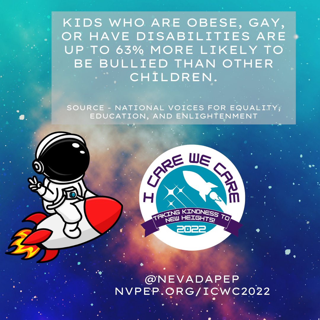 NevadaPEP's tweet image. Kids who are obese, gay, or have disabilities are up to 63% more likely to be bullied than other children.

Learn more about what you can do to prevent bullying at NevadaPEP.org/ICWC2022

#ICWC2022 #BullyingPrevention #ChooseKindness #NevadaPEP