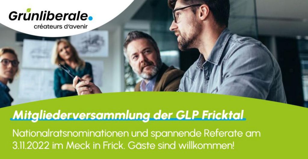 Nationalratsnominationen und spannende Referate erwarten euch an der Mitgliederversammlung der GLP Fricktal 📕

Wann: Donnerstag, 03.11.2022
Wo: Meck, 5070 Frick