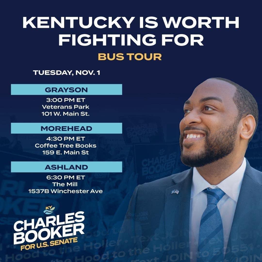 Tomorrows Booker Bus Tour stops! We are 8 days away from Election Day, it’s time to show out Kentucky! Come out and let Charles know that he has your support!