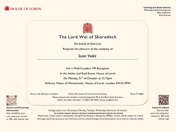 TheLilCockroach's tweet photo. It was an honour to be invited to the Web3 Leaders VIP Reception at the House of Lords. The web3 space is early &amp; experimental but it will change the world. I am on a discovery mission to bring The Little Cockroach into web3. Exciting times. @IanUtile @NFTlondon #NFT #Innovation https://t.co/7xlhbjytUS