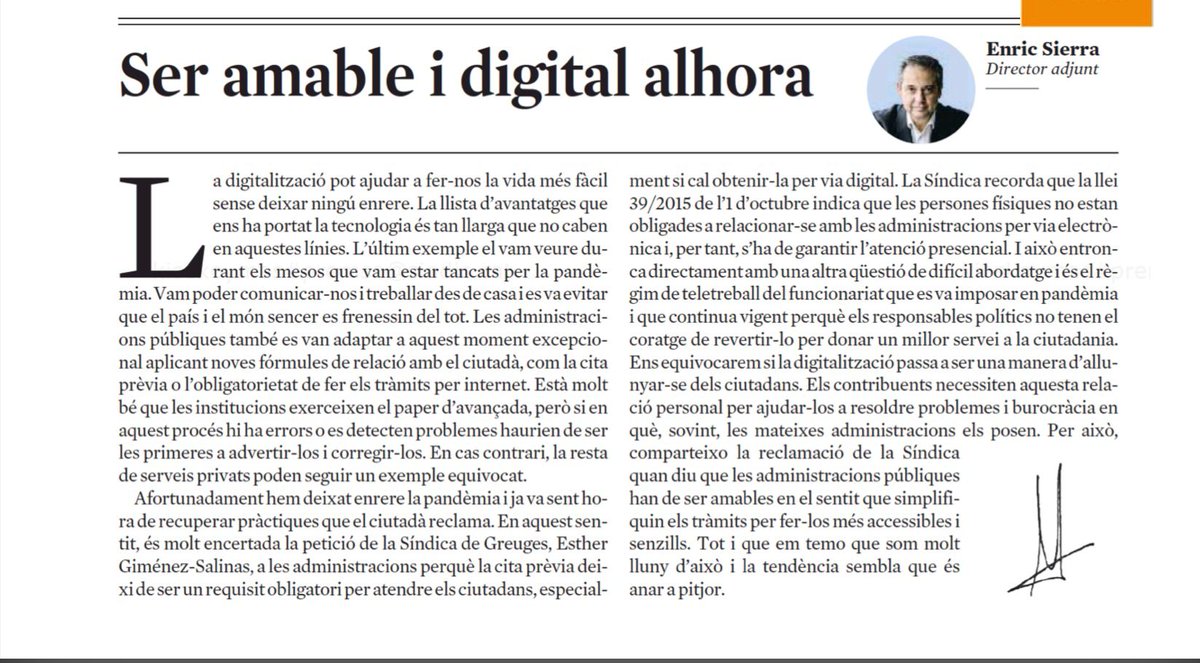 sindicdegreuges's tweet photo. L'@enricsierra de la @LaVanguardia es fa ressò de la petició de la síndica que la cita prèvia deixi de ser un requisit obligatori per atendre els ciutadans 

🗣️"Les persones físiques no estan obligades a relacionar-se amb les administracions per via electrònica" https://t.co/vvb7S1FR7u