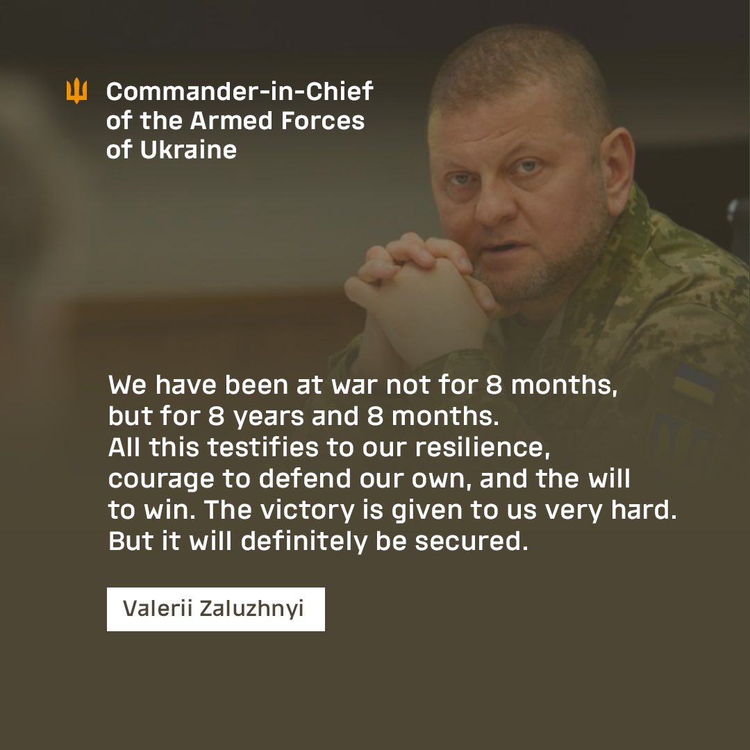 We are waging a war against the country whose size is 28 times larger than ours, whose population is 4 times larger than ours, whose military capabilities are many times greater than ours. We have been at war not for 8 months, but for 8 years and 8 months. #ValeriiZaluzhnyi