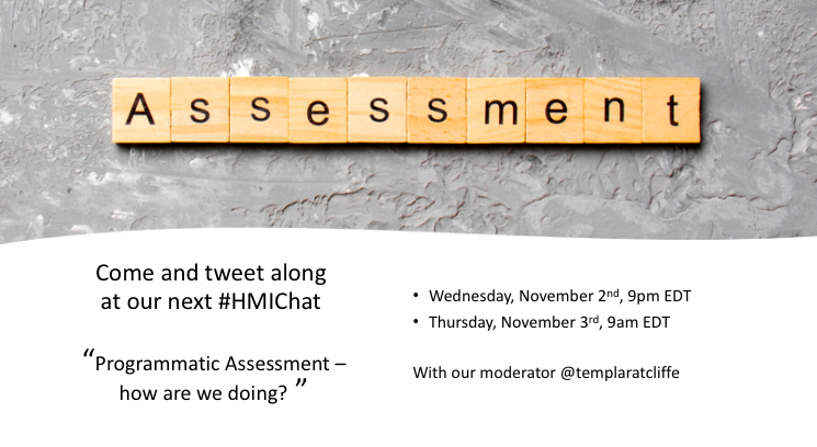 HarvardMacy's tweet photo. Please join our next #HMIchat starting Weds, Nov 2nd at 9pm EDT!

We will discuss "Programmatic Assessment – How Are We Doing?" with @templeratcliffe! 

#MedEd #HPE #MedTwitter @upstatelauren @top_gundersen @GLBDallaghan @mededDoc @drsinhaesq @laravarpio @drjfrank all welcome! https://t.co/XMOaaiynTZ